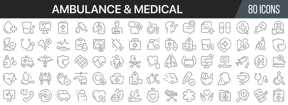 Ambulance and medical line icons collection. Big UI icon set in a flat design. Thin outline icons pack. Vector illustration EPS10