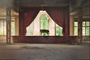 Heilstätte Grabowsee - Verlassener Ort - Grand piano set on stage - Beatiful Decay - Verlassener Ort - Urbex / Urbexing - Lost Place - Artwork - Creepy - High quality photo	