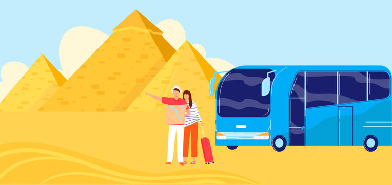 Egypt pyramid, tourist travel bus, tourism trip, transportation background, design, in cartoon style vector illustration.