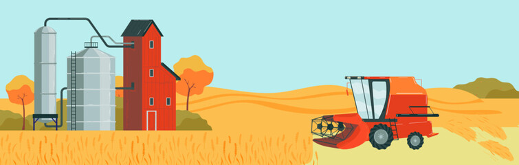 Farm harvester, harvest agriculture, field landscape, summer nature background, design, in cartoon style vector illustration.