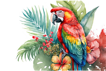 exotic flower watercolor with a parrot and palm foliage from the tropics. Red macaw. Generative AI - obrazy, fototapety, plakaty
