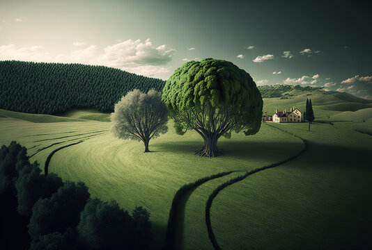 Green grass in a rural setting with trees serving as the image's backdrop. Generative AI