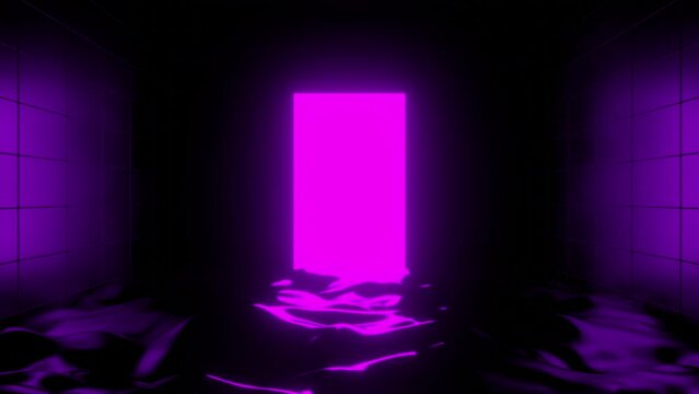 Abstract neon led lamps in dark interior. Design. Bright glowing lantern on liquid waving surface.