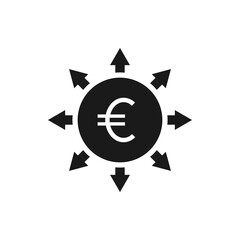 Euro sign with multi-directional arrows. Spread of money. Financial deployment