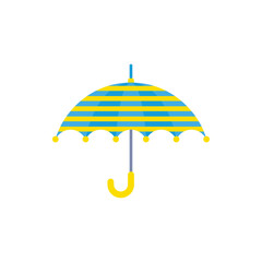 Cartoon Color Striped Blue Yellow Kid Umbrella Flat Design Style Isolated on a White Background. Vector illustration