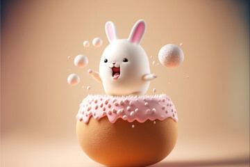 Cute rabbit character jumping out of easter egg. Illustration, marshmallow style. Ai llustration, fantasy digital painting, artificial intelligence artwork