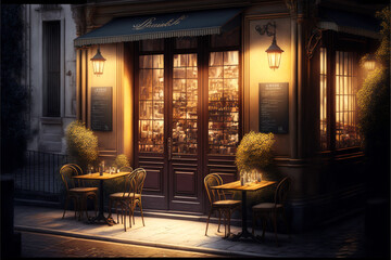 Fototapeta na wymiar View of old cozy street . Street view with cafe terrace. Coffee shop in the city. Evening time. Ai llustration, fantasy digital painting,artificial intelligence artwork 