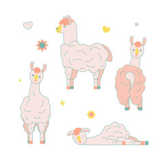 Cartoon Color Doodle Lama Fun Set Concept Flat Design Style. Vector illustration of Fluffy Llama Tired and Profile Views