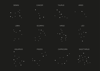 Set of 12 zodiac signs isolated on white background. Constellation of Aries, Taurus, Leo, Gemini, Virgo, Scorpio, Libra, Aquarius, Sagittarius, Pisces, Capricorn, Cancer. © CreativeEhvan
