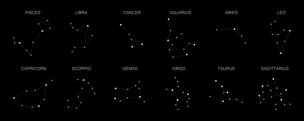 Set of 12 zodiac signs isolated on white background. Constellation of Aries, Taurus, Leo, Gemini, Virgo, Scorpio, Libra, Aquarius, Sagittarius, Pisces, Capricorn, Cancer.