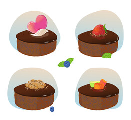 Set of chocolate cakes with nuts and candied fruits isolated on a white background.