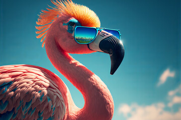 Fototapeta premium Pink flamingo wearing summer sunglasses. Summer background. Generative ai
