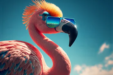 Muurstickers Pink flamingo wearing summer sunglasses. Summer background. Generative ai © ink drop
