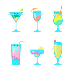 Cartoon Color Summer Cocktail Alcohol Drinks Characters Mascots Set Party Concept Flat Design Style. Vector illustration