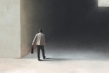 Obraz premium Illustration of man walking in the darkness toward the light, surreal abstract concept