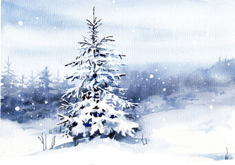 Winter landscape.Snow spruce in  forest. Watercolor illustration.