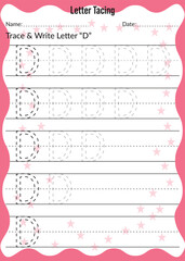Alphabet letter tracing worksheet. writing a-z exercise. Letter Tracing D Worksheet. Activity for preschoolers and kindergarten kids. English Alphabet training for kids. Tracing page. Practice sheet.