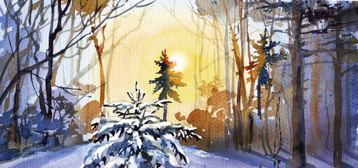 Watercolor winter landscape; Christmas tree in  snow at sunset forest.