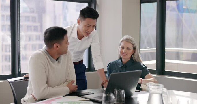 Business team, diversity and laptop planning, meeting and innovation of web ideas, kpi growth and online data analysis in office building. Happy workers brainstorming, talking and working on computer