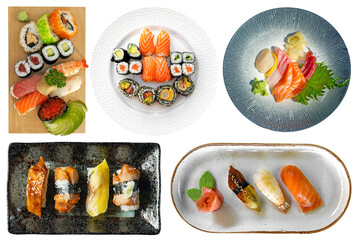 Various kinds of served ready to eat sushi and sashimi isolated, japanese food set