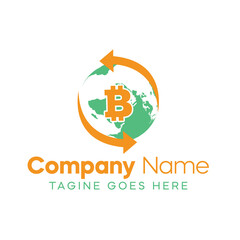 Bitcoin Crypto Currency B logo design with world map and b icon