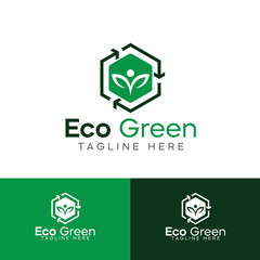 Eco green solutions logo template premium vector, hexagon human icon logo,