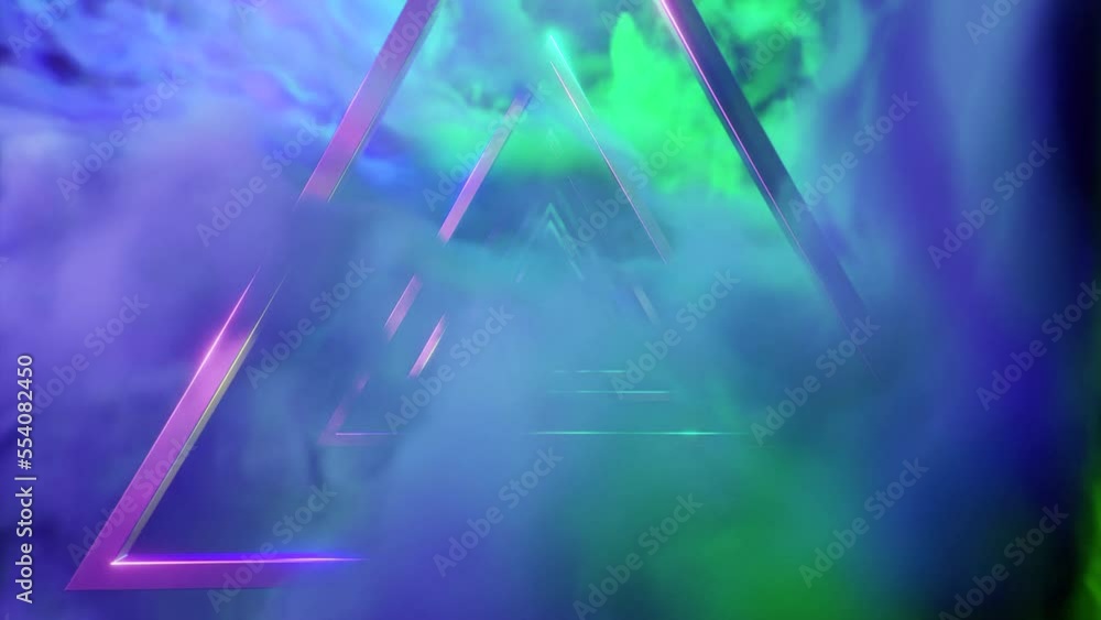 Poster surreal sky with flying silhouettes of triangles. design. bright clouds and the tunnel of triangles.