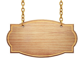 Blank wooden signboard hanging on brass chains	isolated