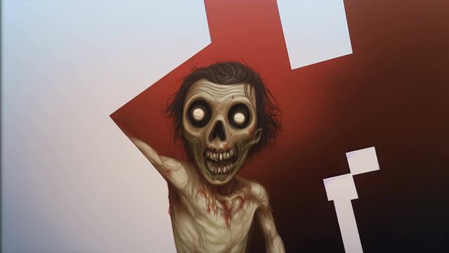 Morphing animation of surreal painting of a deformed face of a bloody zombies drawing. Digital image painted undead woman portrait. Halloween backdrop in cartoon style.