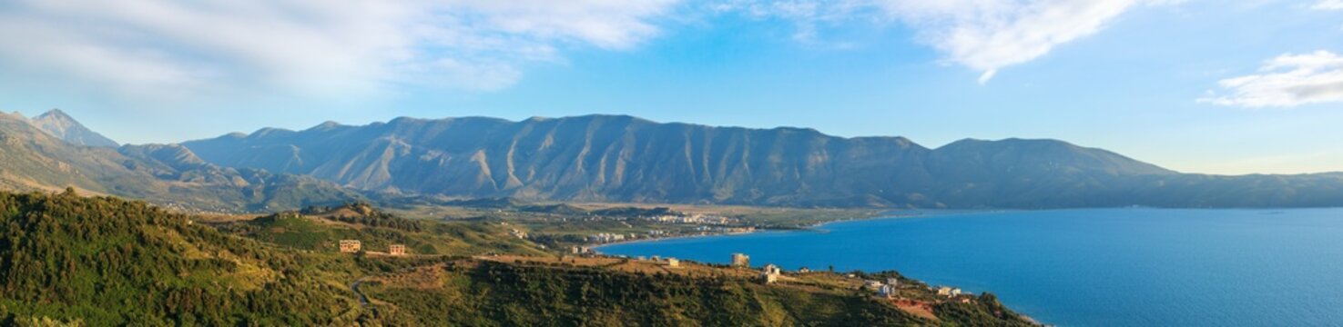 Adriatic sea evening coastline top view (near Orikum, Albania).