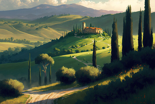 Wide view of a lush hill in Italy's Tuscany region's Val d'Orcia. Generative AI