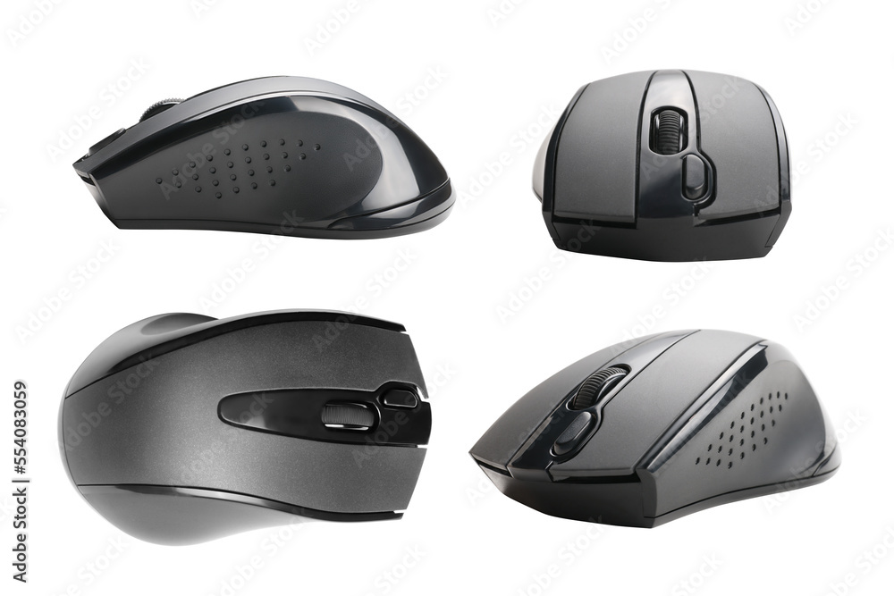 Aufkleber four black wireless computer mouse views set. isolated png with transparency