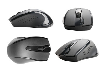 Four black wireless computer mouse views set. Isolated png with transparency - obrazy, fototapety, plakaty