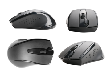 Four black wireless computer mouse views set. Isolated png with transparency