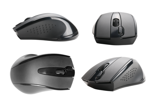 Four black wireless computer mouse views set. Isolated png with transparency