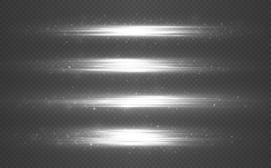 Set of white horizontal lens flares pack. Laser beams, horizontal light rays. Exploding stars with scattered shining highlights.