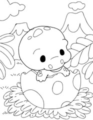 Cartoon black and white vector  illustration of a little cute happy dinosaur hatching from an egg. coloring book.coloring page