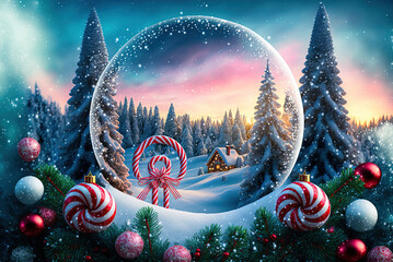 A beautiful Merry Christmas scene with a festive night snow background and a winter landscape. A Happy New Year and Christmas Wallpaper. A Generative AI digital illustration.