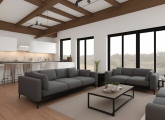 Fototapeta na wymiar Interior of modern living room with white walls, gray sofa and kitchen in the background. 3d rendering