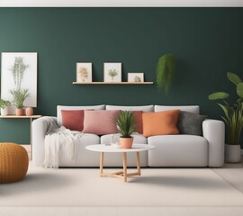 living room with White sofa. Scandinavian interior design. 3D illustration
