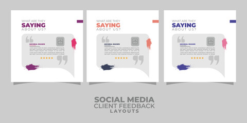 client feedback testimonials social media post design templates.Customer service feedback review social media post or web banner with color variation layouts