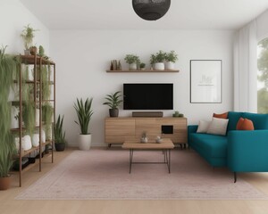 Modern interior with couch, rug, table and wall mounted TV