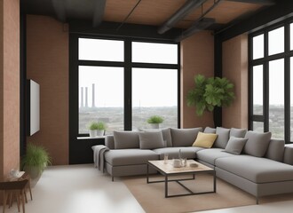 Fototapeta na wymiar Modern room with corner sofa, big windows and coffee table with furniture interior design. 3D illustration