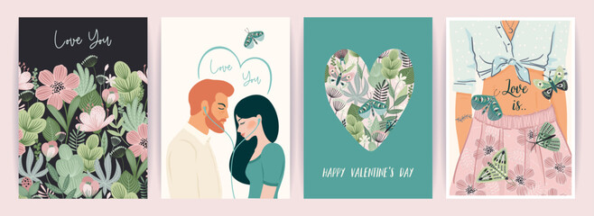 Set of Romantic illustrations. Man and woman. Love, love story, relationship. Vector design concept for Valentines Day and other.