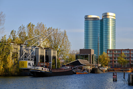 Utrecht, The Netherlands, November 1, 2022. Veilinghaven harbour with Rabobank office building in background