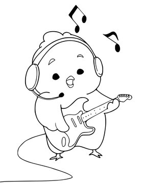 Cartoon chicken playing guitar. Vector illustration of funny chicken   isolated on white background for coloring book for kid