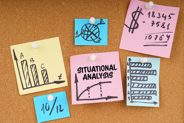 On the board are stickers with graphs and diagrams and the inscription - Situational Analysis