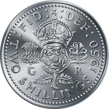 British money coin Two shillings, King George VI florin, reverse with crowned rose, thistle and shamrock, Rosa Tudor - emblem of England