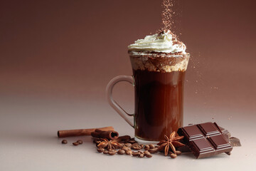 Coffee with whipped cream sprinkled with chocolate crumbs.