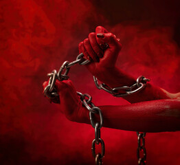 bloody hands clenched into fists in the shackles of a metal chain symbol of slavery, protest and...